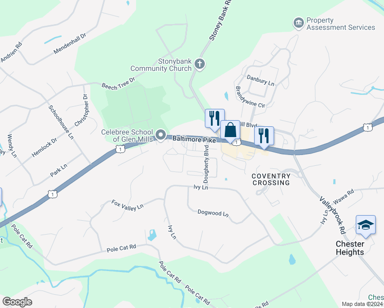 map of restaurants, bars, coffee shops, grocery stores, and more near 36 Eagle Lane in Delaware County
