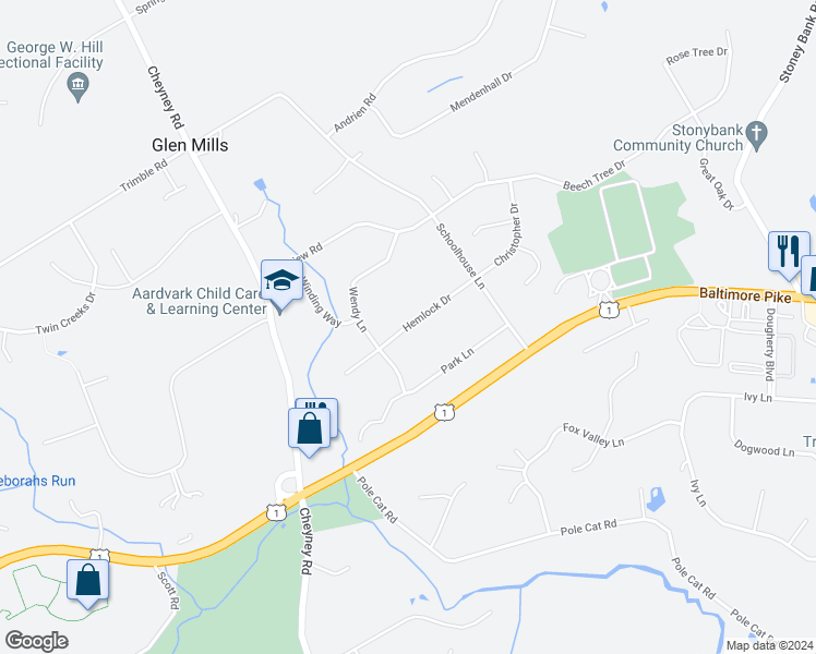 map of restaurants, bars, coffee shops, grocery stores, and more near 44 Hemlock Drive in Glen Mills