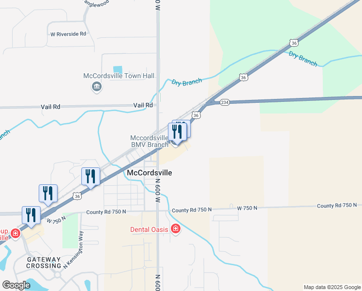 map of restaurants, bars, coffee shops, grocery stores, and more near 5921 West Broadway in McCordsville