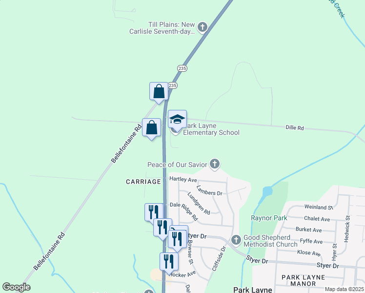 map of restaurants, bars, coffee shops, grocery stores, and more near 12355 Dille Road in New Carlisle