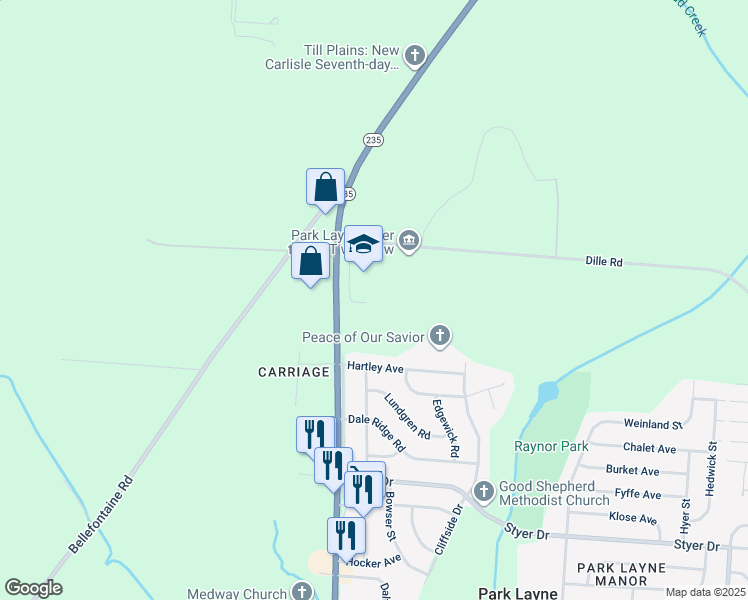 map of restaurants, bars, coffee shops, grocery stores, and more near 12355 Dille Road in New Carlisle