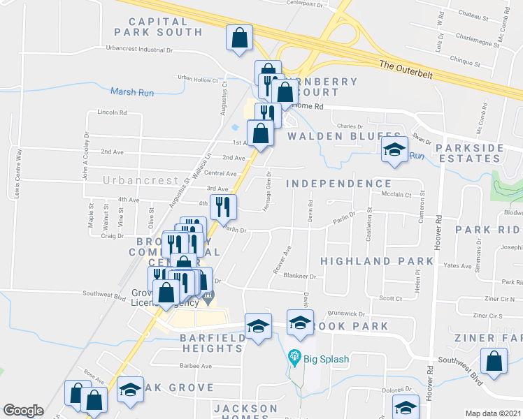 map of restaurants, bars, coffee shops, grocery stores, and more near 2888 Parlin Drive in Grove City