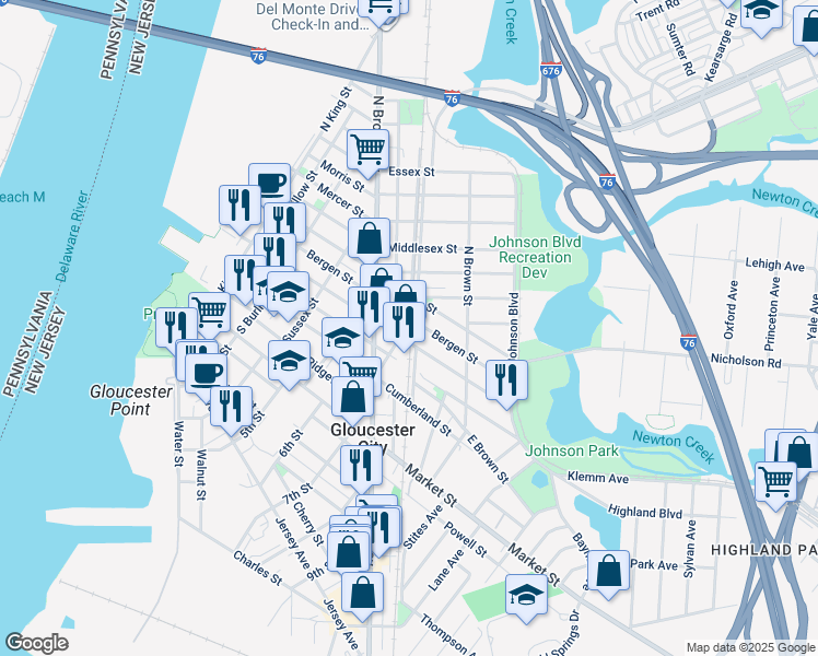 map of restaurants, bars, coffee shops, grocery stores, and more near 809 Monmouth Street in Gloucester City