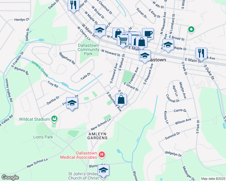 map of restaurants, bars, coffee shops, grocery stores, and more near 351 South Walnut Street in Dallastown