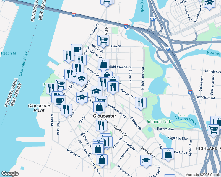 map of restaurants, bars, coffee shops, grocery stores, and more near 22 South Broadway in Gloucester City