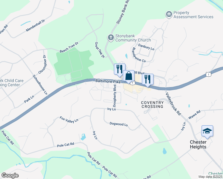 map of restaurants, bars, coffee shops, grocery stores, and more near 14 Eagle Lane in Glen Mills