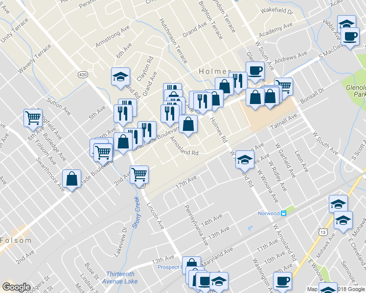 map of restaurants, bars, coffee shops, grocery stores, and more near 200 Amosland Road in Holmes