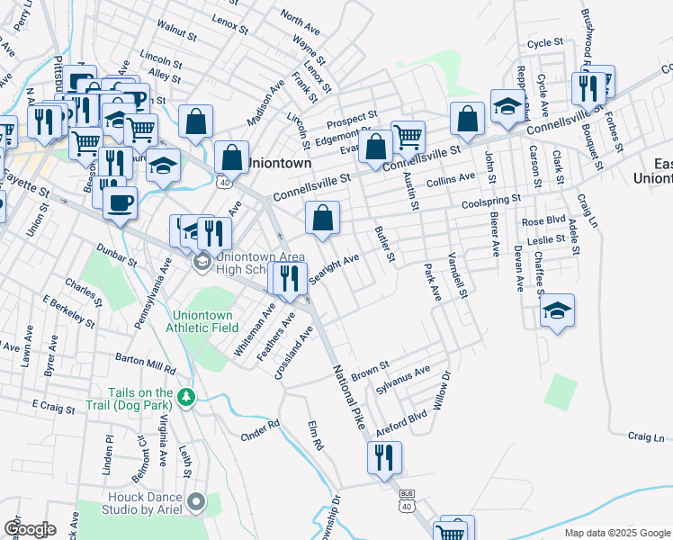 map of restaurants, bars, coffee shops, grocery stores, and more near 61 Dunlap St in Uniontown