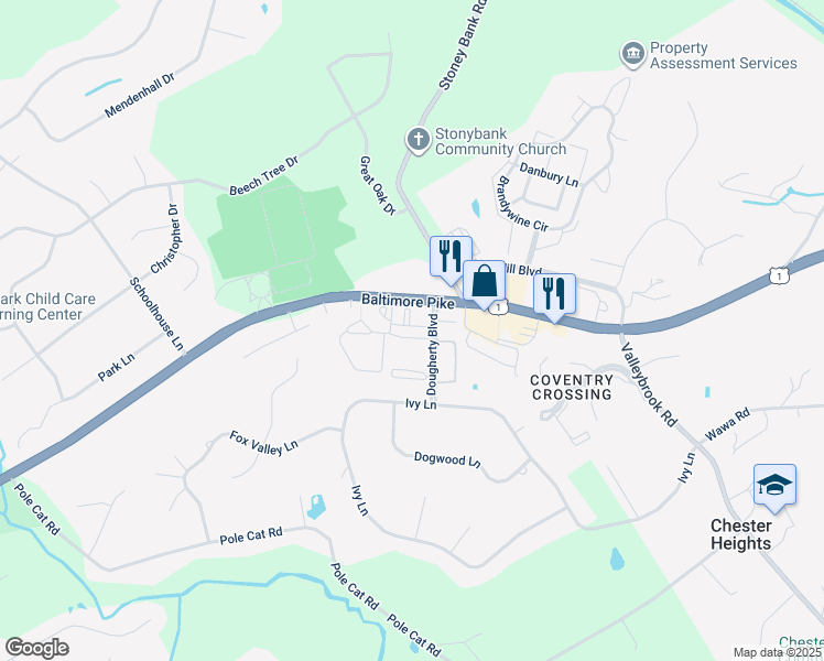 map of restaurants, bars, coffee shops, grocery stores, and more near 22 Eagle Lane in Glen Mills