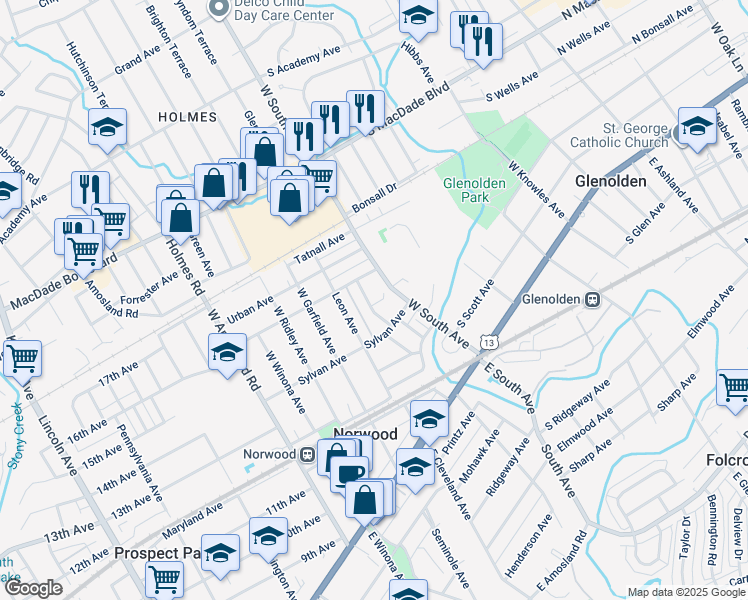 map of restaurants, bars, coffee shops, grocery stores, and more near 21 Sparks Circle in Glenolden
