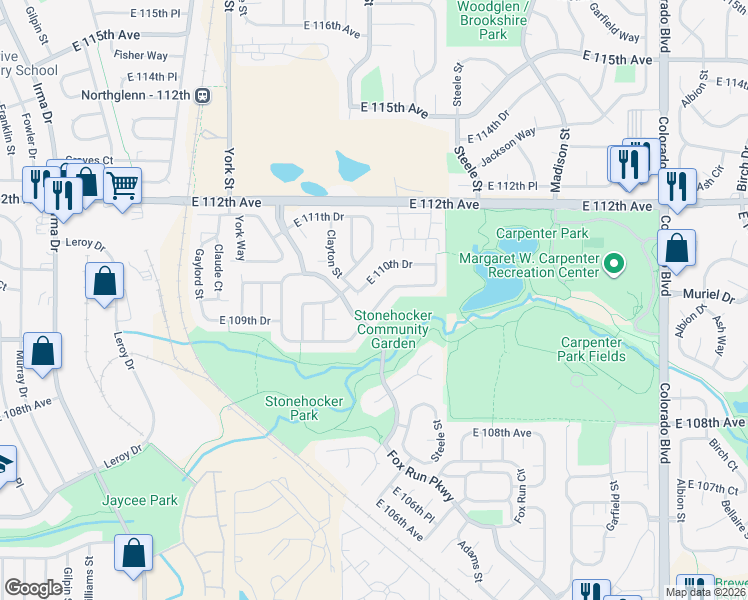 map of restaurants, bars, coffee shops, grocery stores, and more near Fox Run Parkway in Northglenn