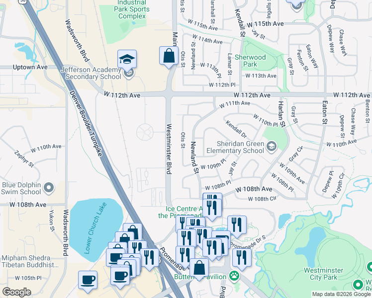 map of restaurants, bars, coffee shops, grocery stores, and more near 10971 Newland Street in Broomfield