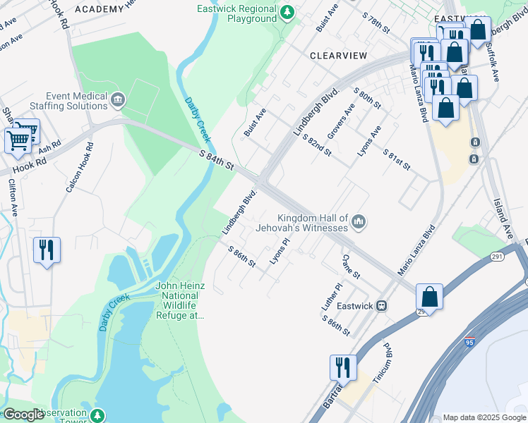 map of restaurants, bars, coffee shops, grocery stores, and more near 8400 Lindbergh Boulevard in Philadelphia