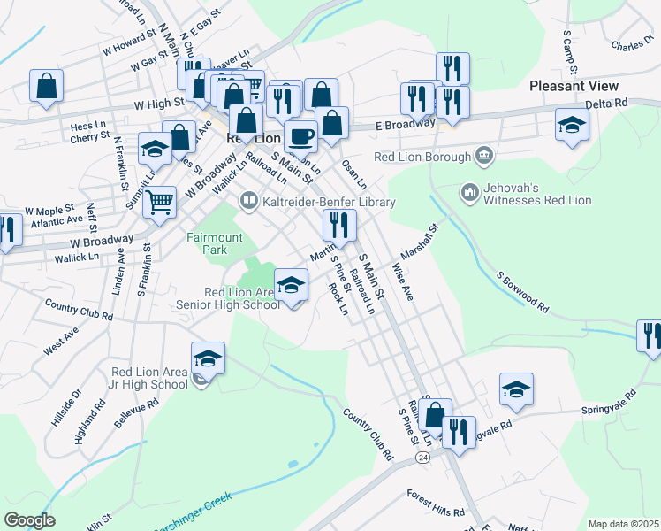map of restaurants, bars, coffee shops, grocery stores, and more near 514 South Pine Street in Red Lion