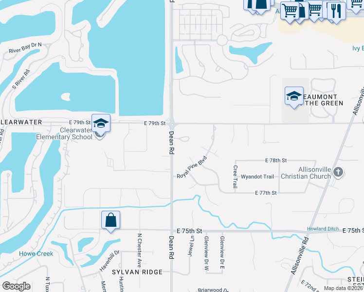 map of restaurants, bars, coffee shops, grocery stores, and more near 7732 Conifer Court in Indianapolis