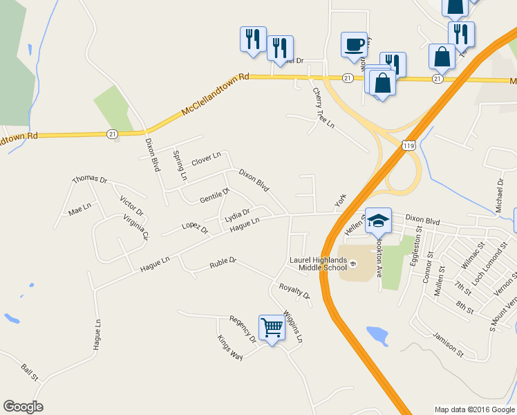 map of restaurants, bars, coffee shops, grocery stores, and more near 3 Gentile Drive in Uniontown