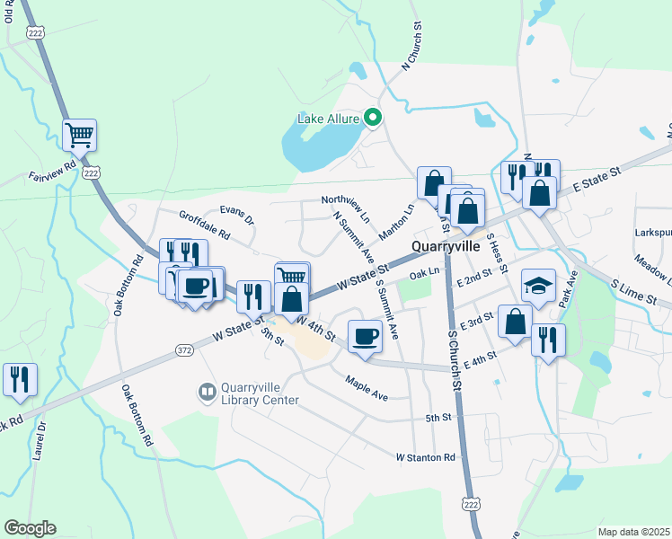 map of restaurants, bars, coffee shops, grocery stores, and more near 220 West State Street in Quarryville
