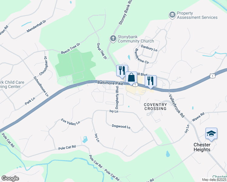 map of restaurants, bars, coffee shops, grocery stores, and more near 14 Eagle Lane in Glen Mills