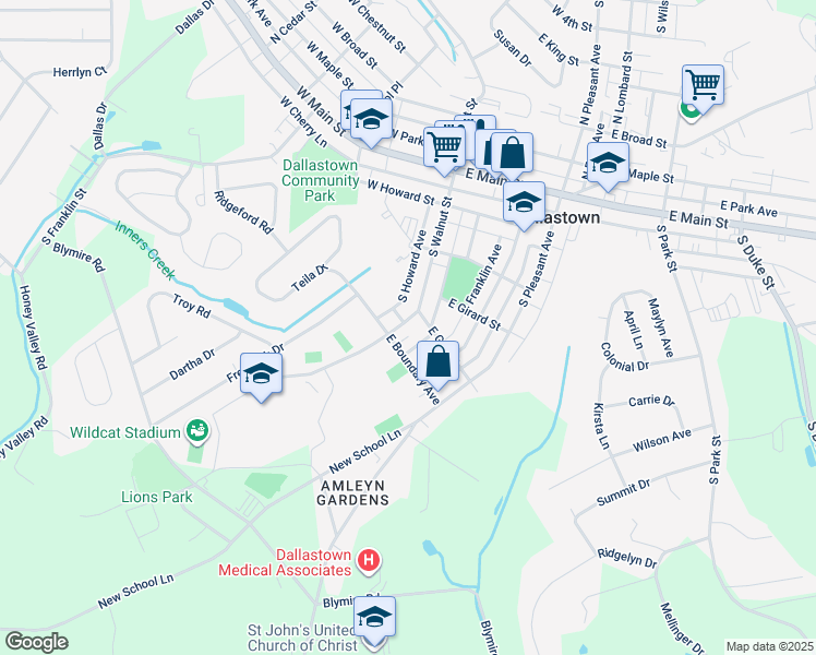 map of restaurants, bars, coffee shops, grocery stores, and more near 351 South Walnut Street in Dallastown