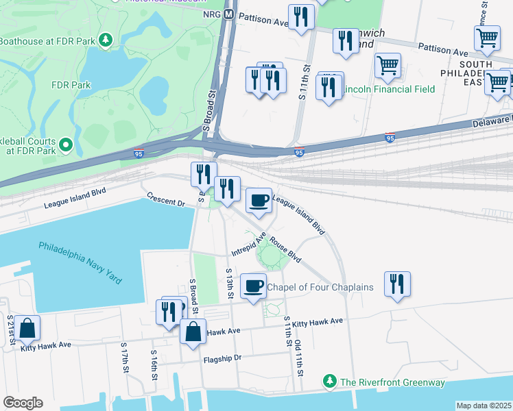 map of restaurants, bars, coffee shops, grocery stores, and more near Patrol Road in Philadelphia