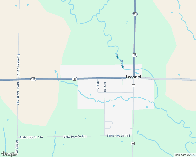 map of restaurants, bars, coffee shops, grocery stores, and more near 101 Oak Street in Leonard