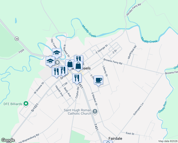 map of restaurants, bars, coffee shops, grocery stores, and more near 211 East South Street in Carmichaels