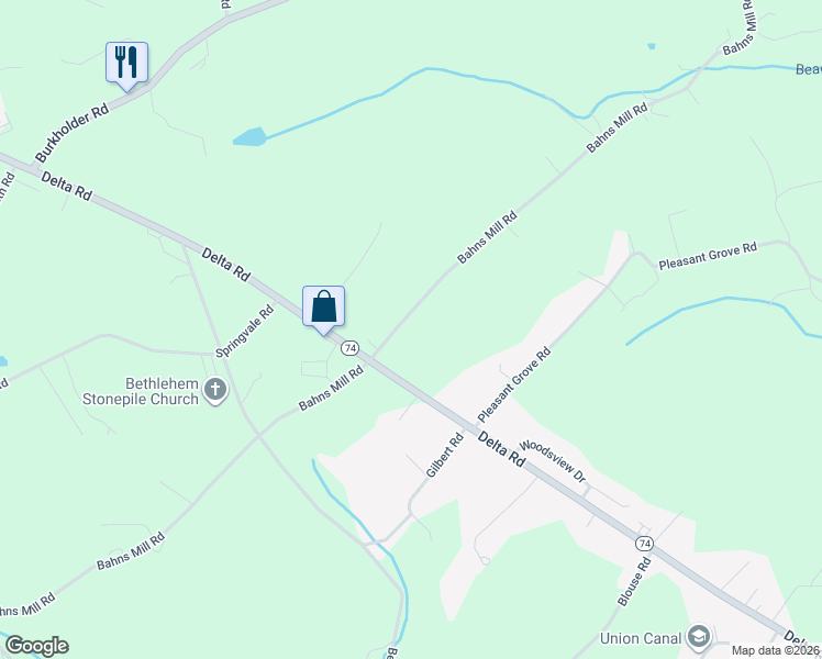 map of restaurants, bars, coffee shops, grocery stores, and more near 615 Bahns Mill Road in Red Lion