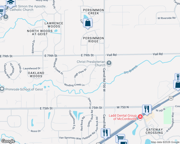 map of restaurants, bars, coffee shops, grocery stores, and more near 7817 High View Drive in Indianapolis