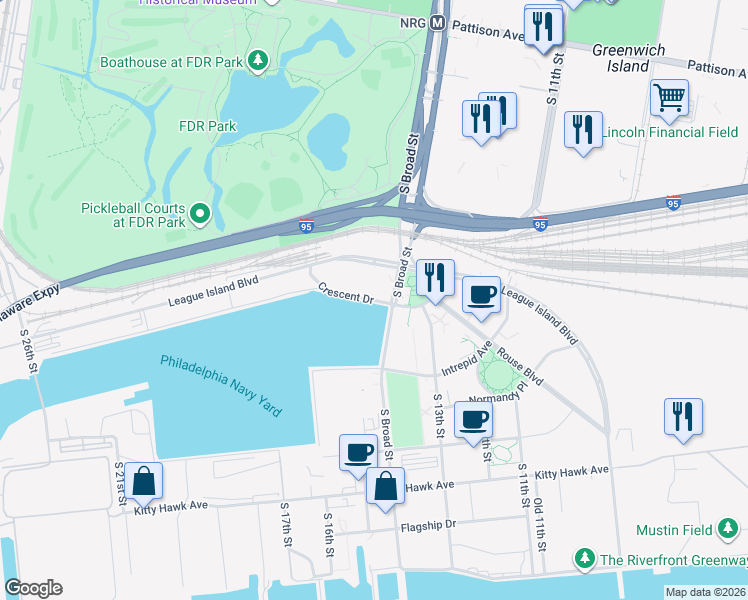 map of restaurants, bars, coffee shops, grocery stores, and more near Crescent Drive in Philadelphia