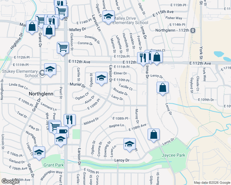 map of restaurants, bars, coffee shops, grocery stores, and more near 11082 Rosalie Drive in Northglenn