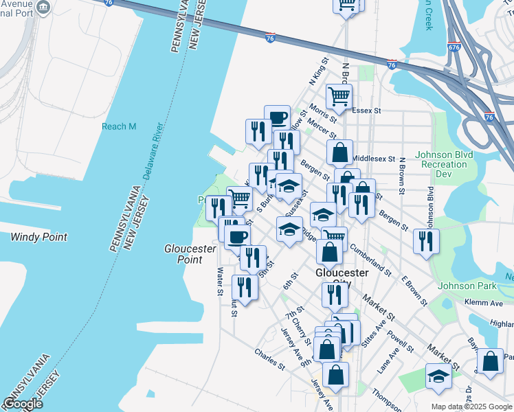 map of restaurants, bars, coffee shops, grocery stores, and more near 208 Ridgeway Street in Gloucester City