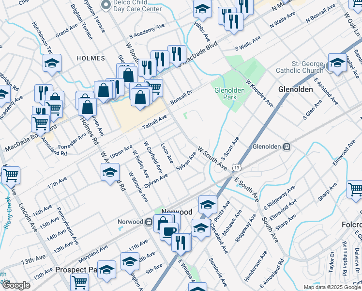 map of restaurants, bars, coffee shops, grocery stores, and more near 21 Sparks Circle in Glenolden