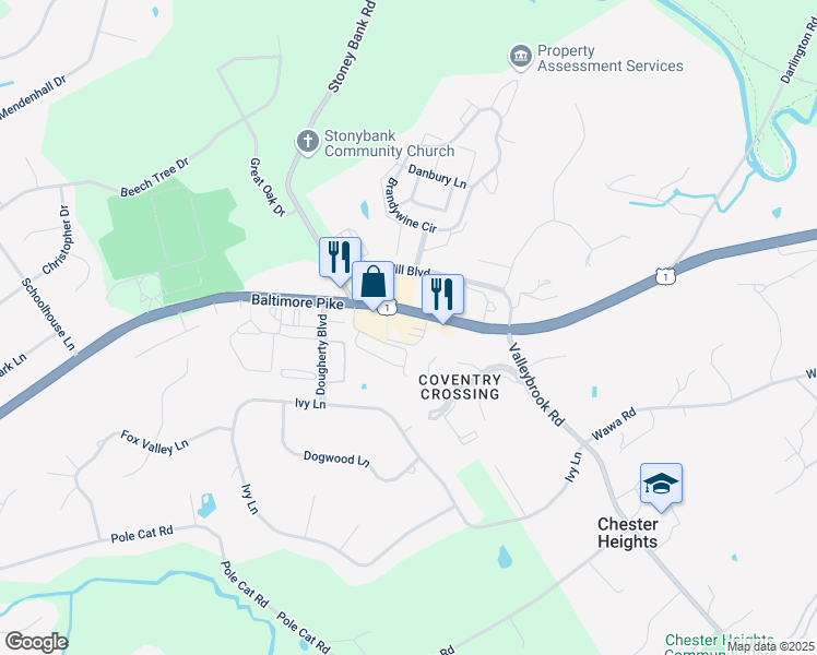 map of restaurants, bars, coffee shops, grocery stores, and more near 47 West Baltimore Pike in Glen Mills