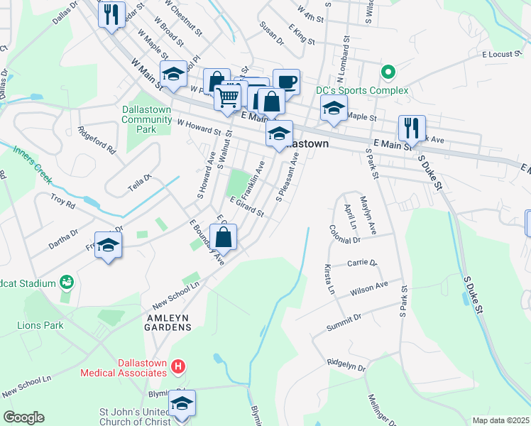 map of restaurants, bars, coffee shops, grocery stores, and more near 223 South Charles Street in Dallastown