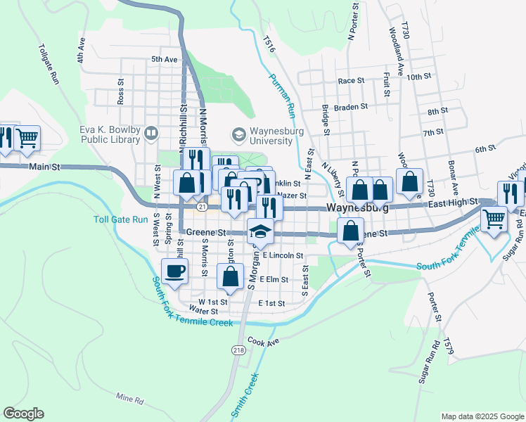 map of restaurants, bars, coffee shops, grocery stores, and more near 25 North Morgan Street in Waynesburg