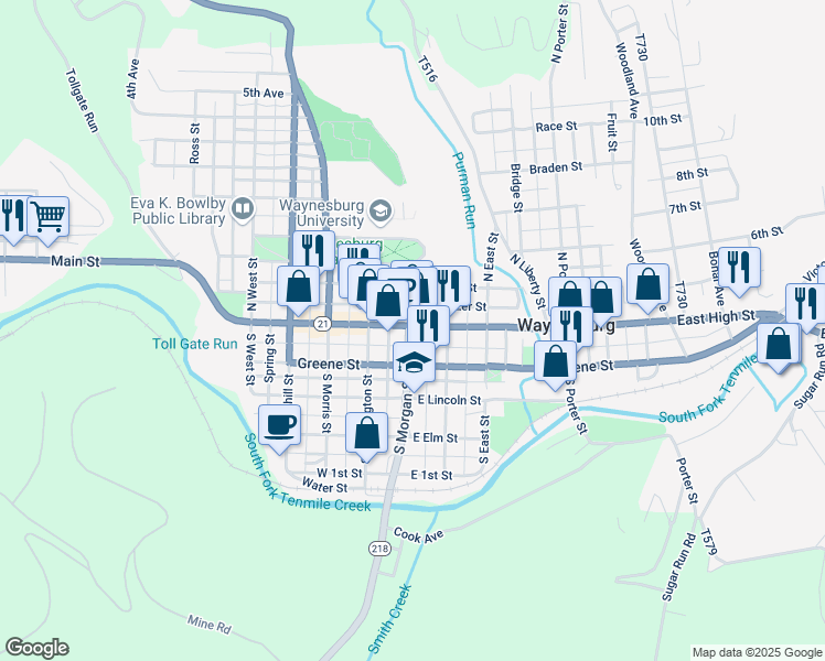 map of restaurants, bars, coffee shops, grocery stores, and more near 25 North Morgan Street in Waynesburg