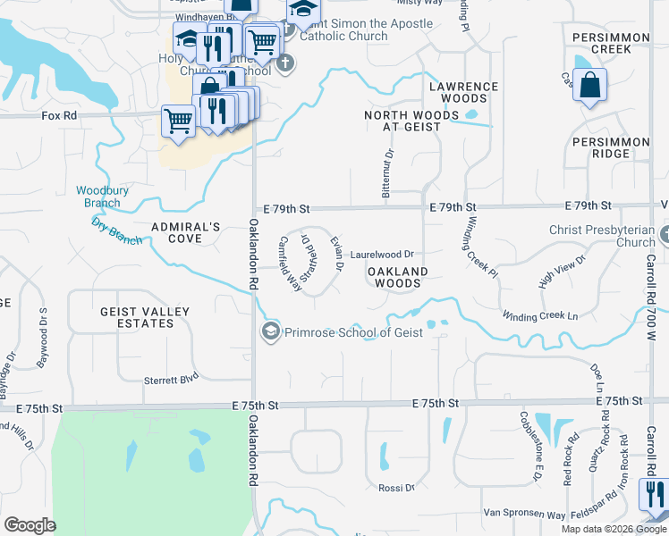 map of restaurants, bars, coffee shops, grocery stores, and more near 7815 Evian Drive in Indianapolis