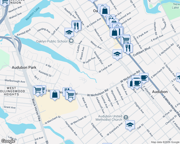 map of restaurants, bars, coffee shops, grocery stores, and more near 501 West Cedar Avenue in Oaklyn