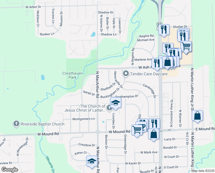 map of restaurants, bars, coffee shops, grocery stores, and more near 4069-4169 North Sunderland Drive in Decatur