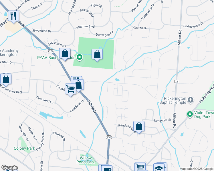 map of restaurants, bars, coffee shops, grocery stores, and more near 105 Wagnalls Court in Pickerington