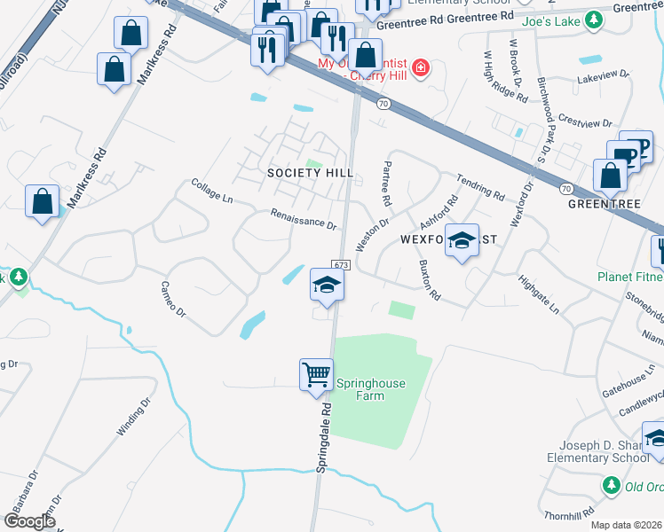 map of restaurants, bars, coffee shops, grocery stores, and more near 1740 Springdale Road in Cherry Hill