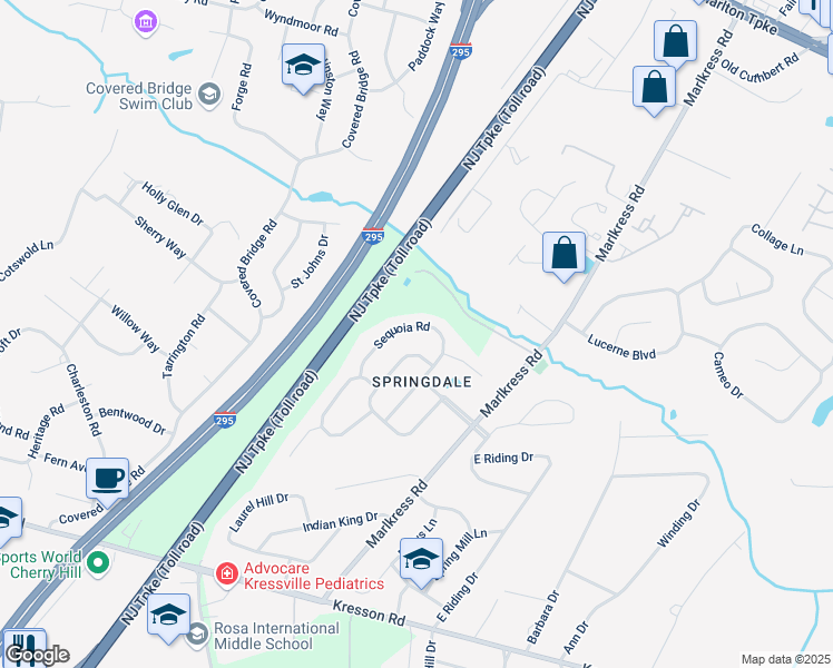 map of restaurants, bars, coffee shops, grocery stores, and more near 1222 Sequoia Road in Cherry Hill Township