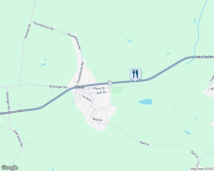 map of restaurants, bars, coffee shops, grocery stores, and more near 585 McClellandtown Road in Uniontown