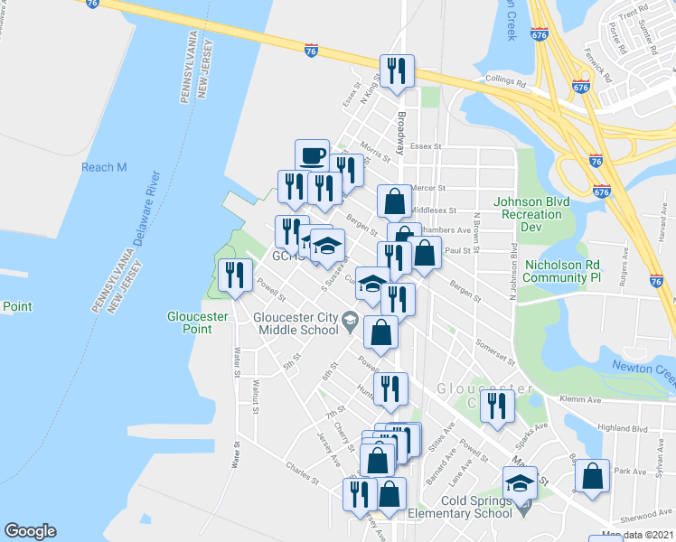 map of restaurants, bars, coffee shops, grocery stores, and more near Cumberland Street & South Sussex Street in Gloucester City