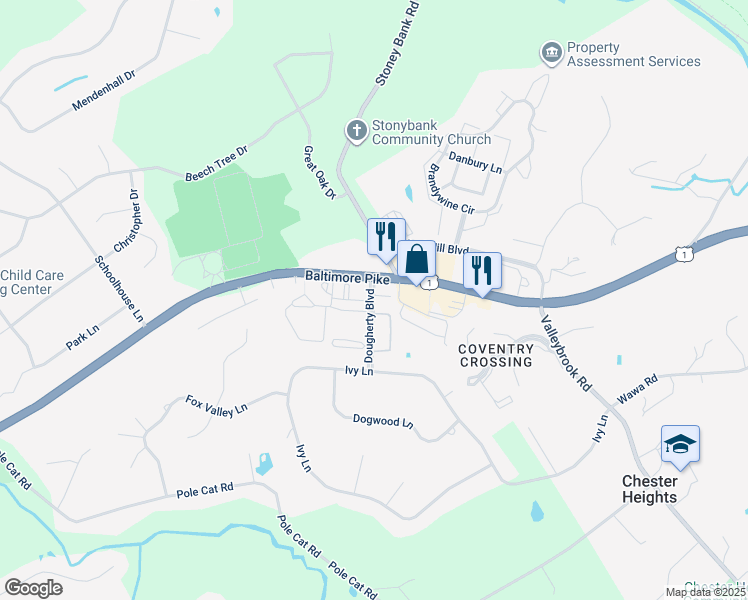 map of restaurants, bars, coffee shops, grocery stores, and more near 45 Dougherty Boulevard in Glen Mills