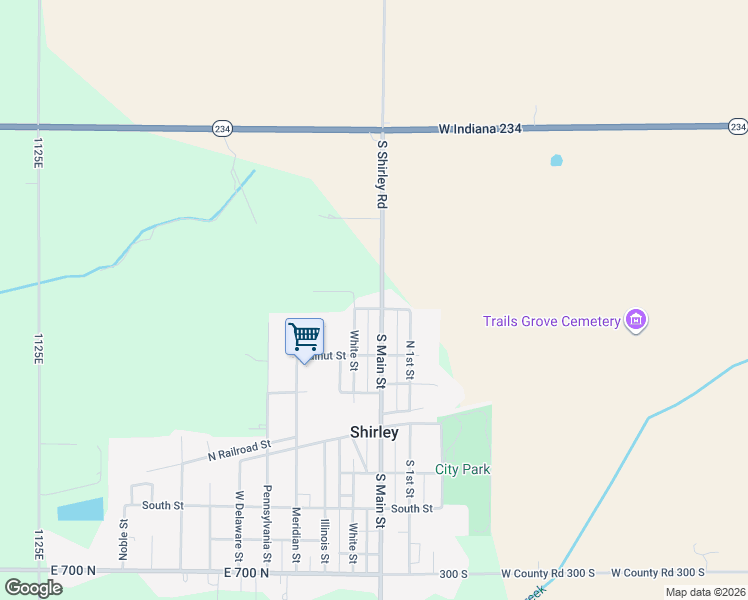 map of restaurants, bars, coffee shops, grocery stores, and more near 7604 North Co Road 1200 East in Shirley