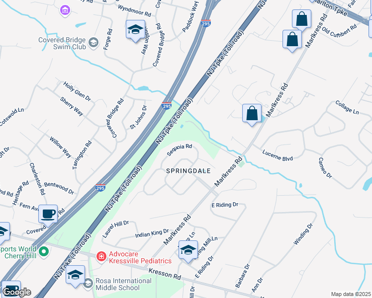 map of restaurants, bars, coffee shops, grocery stores, and more near 1222 Sequoia Road in Cherry Hill Township