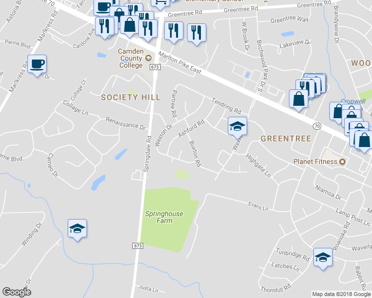 map of restaurants, bars, coffee shops, grocery stores, and more near 10 Wicklow Court in Cherry Hill