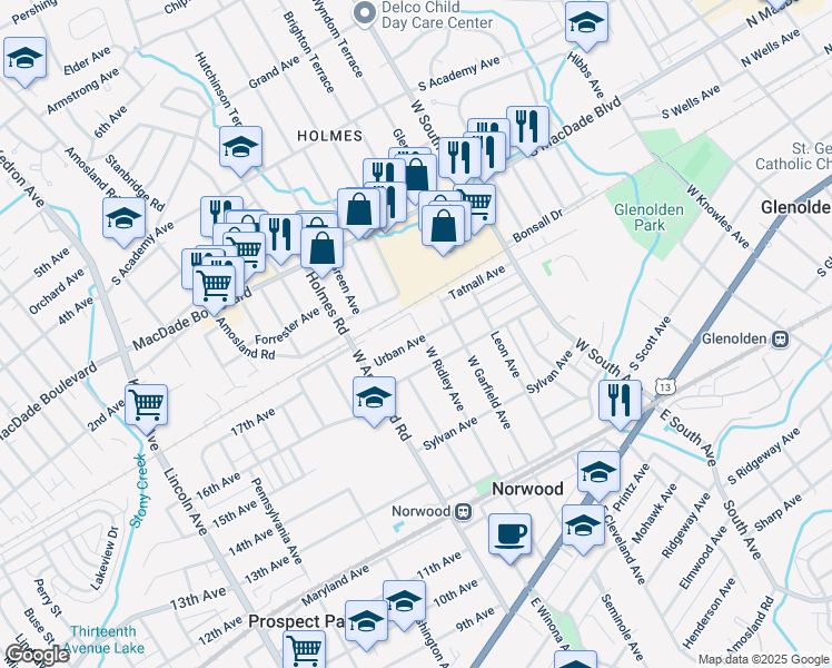 map of restaurants, bars, coffee shops, grocery stores, and more near 406 West Ridley Avenue in Norwood