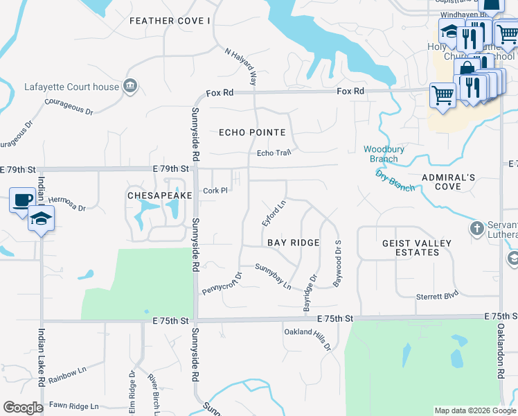 map of restaurants, bars, coffee shops, grocery stores, and more near 7828 Eyford Court in Indianapolis